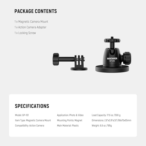 NEEWER Basics Magnetic Camera Mount for Action Camera Compatible with GoPro Insta360 DJI AKASO Accessories, Strong Magnet 360° Ball Head Mount for Car Video Recording Live Streaming, GP-101 - style: GP-101