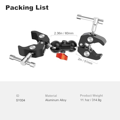 Double Super Clamp Camera Mount with Magic Arm, Aluminum Double Clamp Mount Umbrella Holder for Desk, Studio Light/Boom Stand, Photography Reflector, Cross Bars, Bike/Motor Handlebars (SY004)