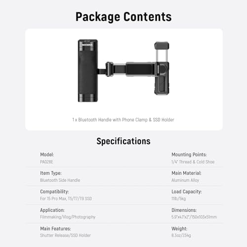 NEEWER Bluetooth Side Handle Shutter Release with 2.2"-3.2"/55-82mm 360° Phone Clamp & SSD Holder, Cold Shoes, 100mAh Rechargeable Battery Compatible with iPhone Samsung T5/T7/T9 SSD, PA028E