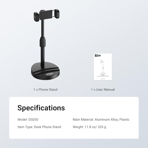 NEEWER ENTRY LEVEL VERSION Cell Phone Stand for Desk, Adjustable Office Bed Table Phone Holder Mount Compatible with iPhone Samsung Android for Video Recording Filming, 360° Rotation & 90° Tilt, DS030