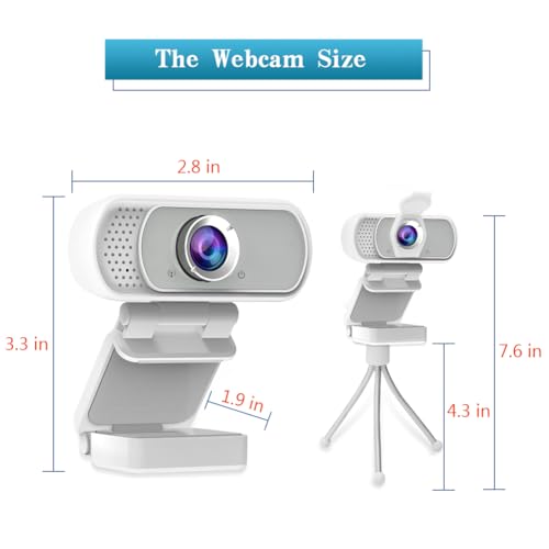 Webcam for PC, HD 1080P Webcam with Microphone, 110° Wide Angle USB Plug & Play - Noise Canceling for Video Calls, Streaming, Gaming - Built-in Privacy Shutter & Tripod - color: White
