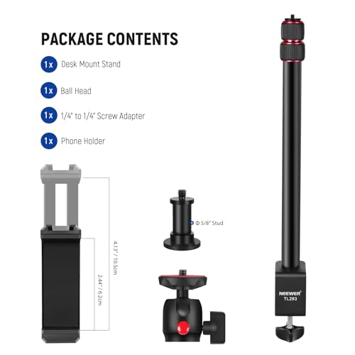 NEEWER Camera Desk Mount with Holder & 360° Ball Head, 17"-40"/43-102cm Telescopic C Clamp Table Light Stand 1/4" Screw, Desktop Stand 6.6lb/3kg Max Load for DSLR Camera, Webcam, Ring Light,TL283 - style: TL283 Red w/Phone Holder