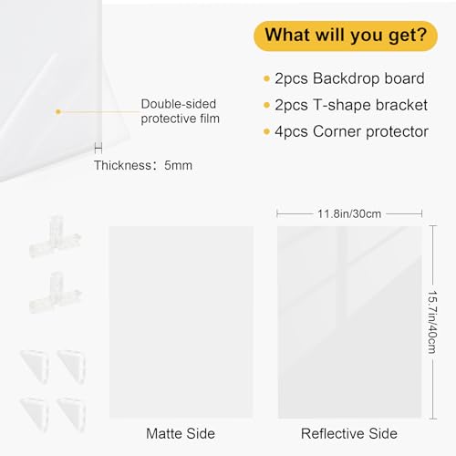 Meking Product Photography Backdrops Dual- Sided Matte and Reflective White Photo Background for Food, Makeup, Jewelry and Other Small Product, 2Pcs 15.7x11.8in Photo Backdrop Boards with 2Pcs Bracket - color: White