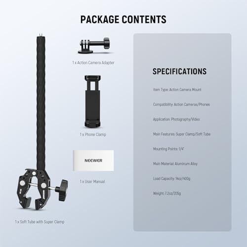 NEEWER Action Camera Mount Kit with Super Clamp, Soft Tube, Action Camera Adapter, Adjustable Holder for Flat/Round Surfaces, Compatible with GoPro Insta360 DJI Smartphone GP-26 - style: GP-26