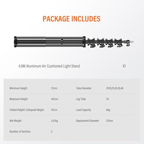 Heavy Duty Light Stand 15.75ft/480cm Adjustable 17.6lb/8kg Max Loading Photography Air Pressure Buffer Tripod Stand with 1/4” to 3/8” Screw Adapter for Strobe,LED Video Light, Monolight, Softbox