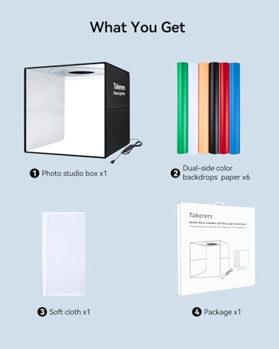 Takerers 12"x12"x12" Photo Studio Light Box Photography Booth with 120 LEDs, 3000-5700k Adjustable, 6 Color Backdrops, Dimmable Folding Shooting Tents for Product