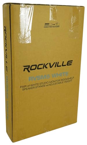 Pair Rockville RVSM5 White Adjustable Studio Monitor Speaker Stands | Fits Bookshelf Speakers, 33 to 52 Inch, Solid Steel, 50 Lbs Capacity, Foam Padded, Cable Clips, Carpet Spikes, Rubber Feet - color: White