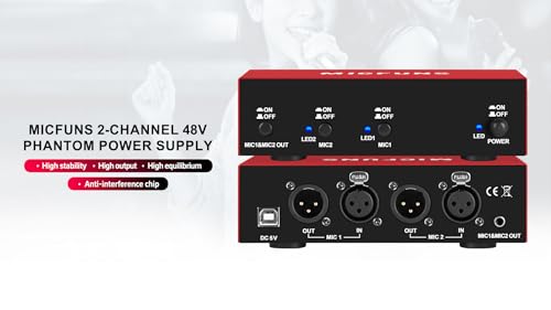 MC new 2 Channel 48V Phantom Power Supply with 3.5mm Audio Cable to Connect Audio Interface for Condenser Microphone Music Recording Equipment (MC2-new red)