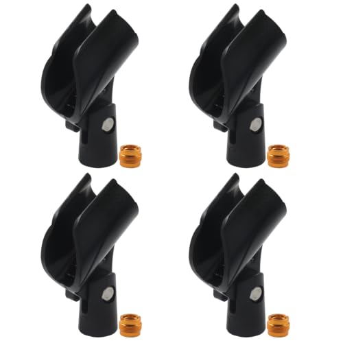 4 Pack Universal Microphone Clip – Adjustable Mic Clip Holder for Mic Stand, Fits 0.65-1.12 Inch Diameter Handheld Mics, with 5/8" Male to 3/8" Female Screw Adapter, Black