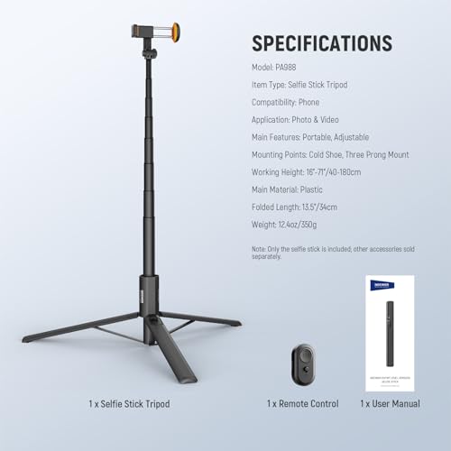 NEEWER Entry Level Version 16-71" Selfie Stick Tripod Compatible with iPhone Android, Portable Cell Phone Travel Stand Camera Holder with Remote for TikTok Video Recording Streaming Filming, PA988