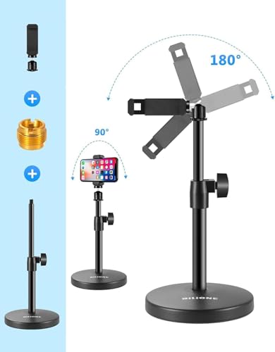 BILIONE 3 in 1 Multi Function Desktop Microphone Stand, Adjustable Table Mic Stand with Microphone Clip, Cell Phone Clip, 5/8" Male to 3/8" Female Metal Adapter - size: 101S