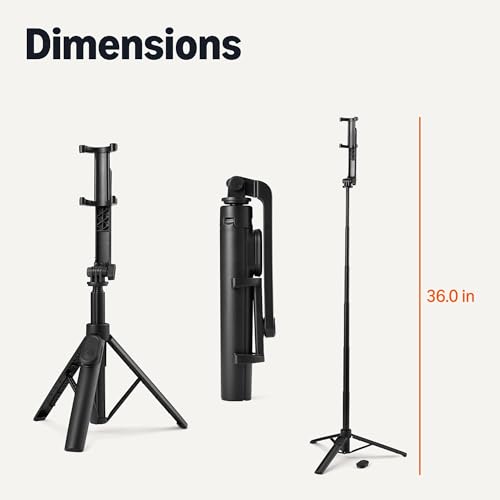 Amazon Basics 36" Portable Selfie Stick Mini Tripod for Phone with Detachable Remote, 360-Degree Rotation, 30-Foot Range, Compatible with iPhone, Samsung, and More, Black - size: 36inch