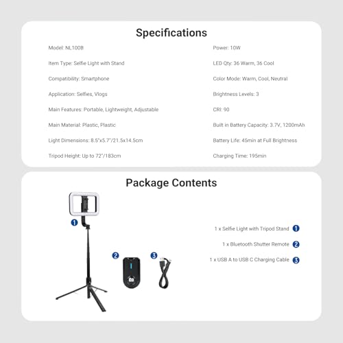 NEEWER Basics 10W Selfie Light with Tripod Stand, 1200mAh LED Square Ring Lighting, 72" Selfie Stick Phone Holder Compatible with iPhone, CRI90 3 Modes Remote for Travel Vlog Video Recording, NL100B