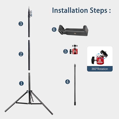 Phone Tripod Stand, UEGOGO 86" Tall Tripod with Flexible Gooseneck & Bluetooth Remote, Adjustable Phone Holder for Video Recording, Selfies, Live Streaming, Compatible with iPhone & Android