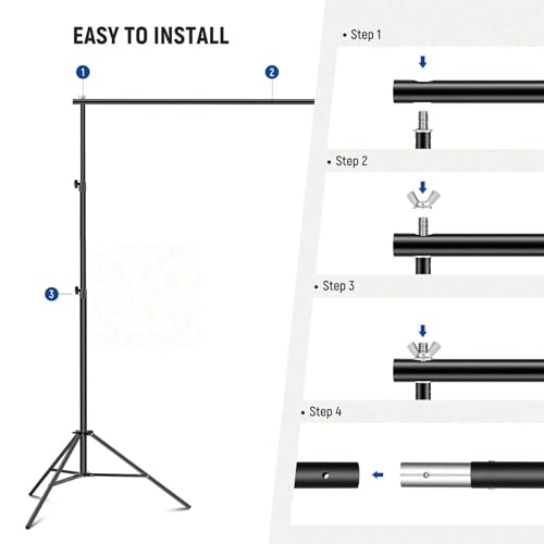 Adjustable Backdrop Stand, 10x7ft, Iron, with 4 Crossbars and 4 Clamps, Photography Studio Background Support for Party, Wedding, Birthday