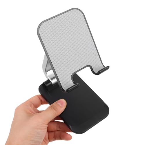 SHERCHPRY Aluminum Alloy Desktop Phone Holder Stand for Office and Home, Foldable Tablet and Cell Phone Desk Stand, Heavy Duty Stable Base in Black for Live Streaming and Video Calls