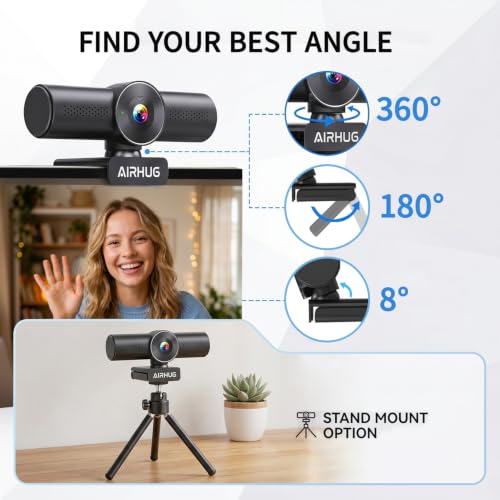 AIRHUG 2K 60fps Webcam, Streaming Camera with Sony 8MP Sensor, Dual Omnidirectional Mics, PDAF Autofocus, 60° Focused View for Online Meetings, Built in Privacy Cover, Plug and Play for Windows/Mac