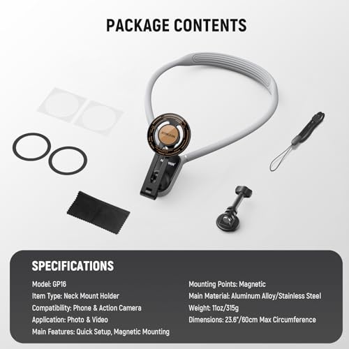 NEEWER Magnetic Neck Holder for Action Camera Phone Hands Free Neck Tripod Chest Mount Compatible with GoPro DJI Insta360 iPhone Android Phone Holder for POV Vlog, Gray, GP16 - style: GP-16(Gray)