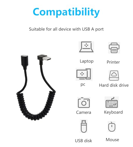 90 Degree USB 2.0 Male to Female Coiled Cable USB Spring Cable USB 2.0 Extension Cable Retractable USB Data Transmission Cord for PC,Laptop, Cameras, Mouse,Other USB Computers(Up Angle) - style: Up Angle