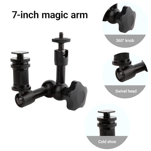 7-Inch Magic Arm - Articulating Friction Arm with 1/4" Tripod Screw & Cold Shoe Mount - 360 Swivel Ball Head Monitor Mount for DSLR Camera Rig, LED Light, Microphone - Black