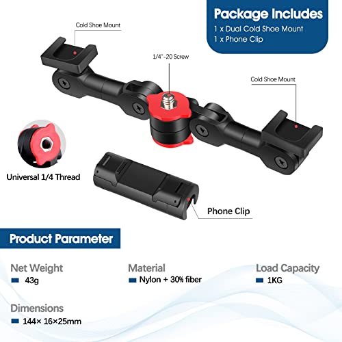 ChromLives Cold Shoe Mount Adapter with Phone Clip,Rotatable Dual Cold Shoe Extension Bracket Hot Shoe Mount Adapter for Led Light/Microphone - color: Red