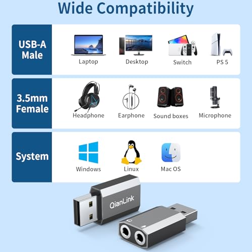 QianLink USB to 3.5mm Audio Adapter (2-Pack),External Stereo Sound Card with Dual TRS 3-Pole 3.5mm Headphone and Microphone Jack for PS4/PS5/PC/Laptop, Built-in Chip Mic-Supported Headphone Adapter