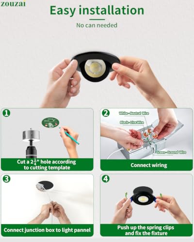 zouzai 2 Inch Gimbal LED Recessed Lights, Black, 6 Pack, with Junction Box, 360°+ 90° Adjustable, 5CCT 2700K-5000K, Dimmable, Canless Eyeball Downlight, CRI90+, 550LM 5W 120V, ETL - color: Black-2 inch, size: 6 Pack