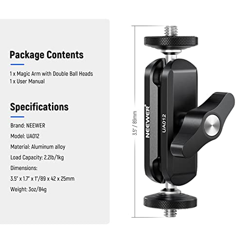 NEEWER Flexible Articulating Magic Arm with Dual Ball Heads, CNC Machined Aluminum Alloy with 1/4" Screws&Holes for Camera Monitor, LED Light, Microphone, Tripod, Compatible with SmallRig Cage, UA012 - style: UA012