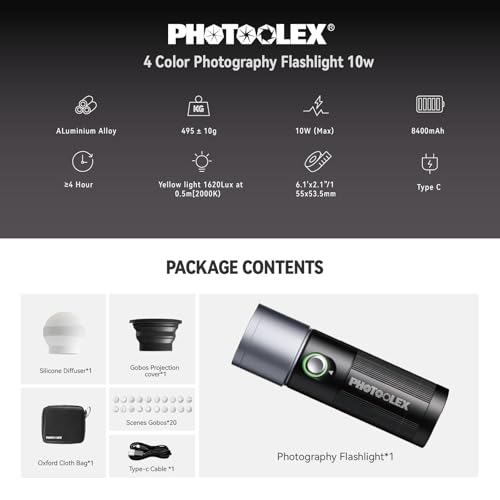 PHOTOOLEX RGB Photography Flashlight, 10W Fill Light, Studio Spotlight | 8400mAh/4 Colors/CRI96+/20 Aluminum Gobos/Portable/Silicone Diffuser, for Creating an Photo Atmosphere, Content Creation