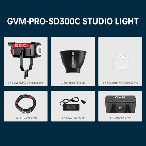 GVM 300C RGB Video Light, 300W Studio Light 2000K-10000K,48,200 Lux@ 1m with Reflector Photography Lighting with Bowens Mount & DMX Control, Studio Light for Film Recording,16 Lighting Effects - size: 300W