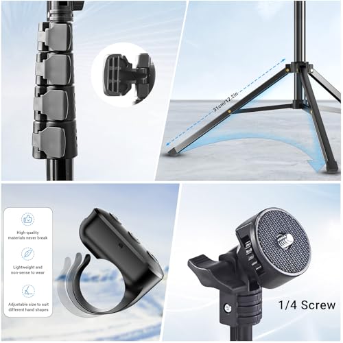 Phone Tripod Stand with Remote Zoom for Video Recording, Vlog Metal Selfie Stick Tripod for iPhone with Wireless Camera Shutter, Travel Extendable Phone Holder
