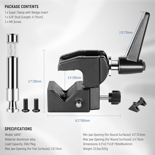 NEEWER Super Clamp with 5/8" Stud, Spring Lock, 2.4"/6cm Jaw Grip Heavy Duty Crab Pole Clamp for Round Pipe Flat Surface, for Photography Studio Camera & Lighting Mounting, Max Load 33lb/15kg, UA017 - style: UA017(1 Pack)