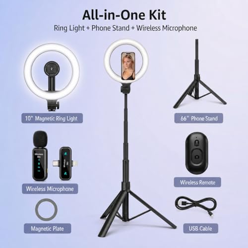 Ring Light with Stand and Wireless Microphone, 10" Magnetic Selfie Light 5000mAh Rechargeable 3000K-6500K, 71" Tripod with Extra Phone Holder, All-in-One Content Creator Kit for Live Stream Vlog