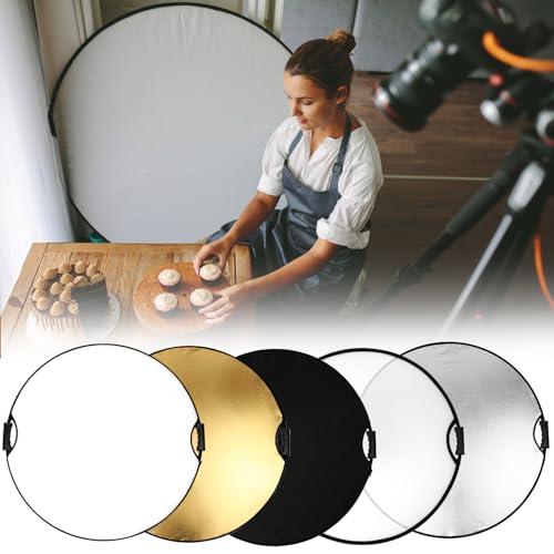 QWORK 32" (80cm) 5-in-1 Collapsible Light Reflector & Diffuser - Translucent, Silver, Gold, White, Black, Multi Disc Photography Reflector for Studio Outdoor Photography
