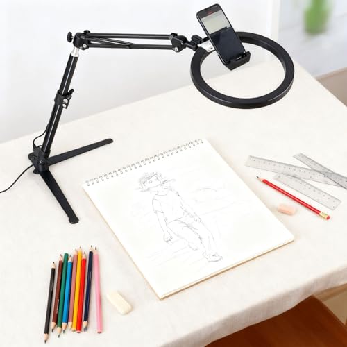 Desktop Phone Tripod with Led Lights & Microphones for Video Recording, Mini Projector, Live Streaming, Drawing Sketching, Baking, Scanning Projects, 360 Rotations-gooseneck Cellphone Holder