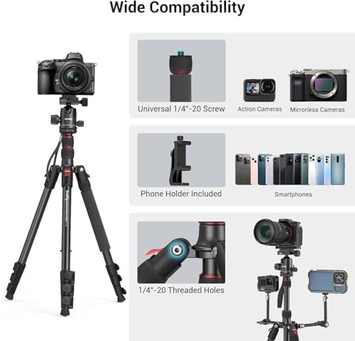 SmallRig CT-20 Camera Tripod, 78.7" Foldable Aluminum Tripod & Monopod, 360°Ball Head Detachable, Payload 33lb (200cm/78.7") - style: 78.7"