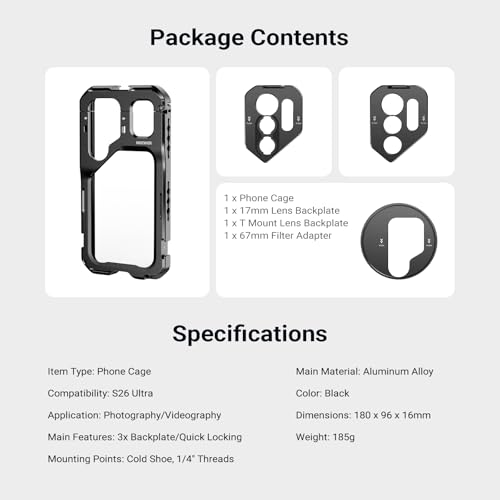 NEEWER S26 Ultra Phone Cage, Mobile Video Rig Stabilizer Vlog Kit with 3X Backplate for 67mm Filter, 17mm Phone Lens & T Mount Lens, Compatible with Samsung Galaxy S26 Ultra Only, PA182