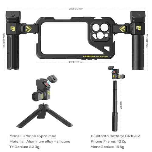 Freewell Genius Rig Cage for iPhone 16 Pro Max - Tool-Free Setup, Multifunctional Tripod and Monopod Handles, Bluetooth Remote - style: 16 Pro Max