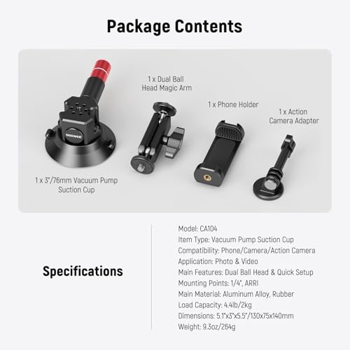 Neewer 3" Suction Cup Camera Mount Bracket with Ball Head Magic Arm, 1/4" ARRI Holes, Quick Release Car Mount with Phone Holder & Action Cam Adapter Compatible with iPhone DJI Insta360, CA104 - style: CA104