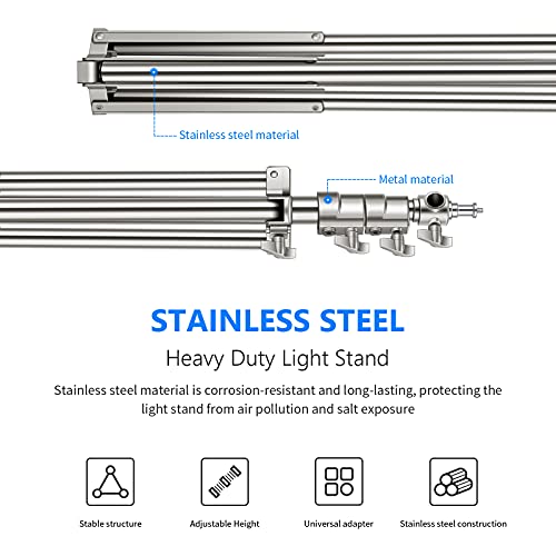 NEEWER 79"/2m Stainless Steel Light Stand, Spring Cushioned Heavy Duty Photography Tripod Stand with 1/4” to 3/8” Universal Screw Adapter for Strobe, LED Video Light, Ring Light, Monolight, Softbox - style: ST-200SS