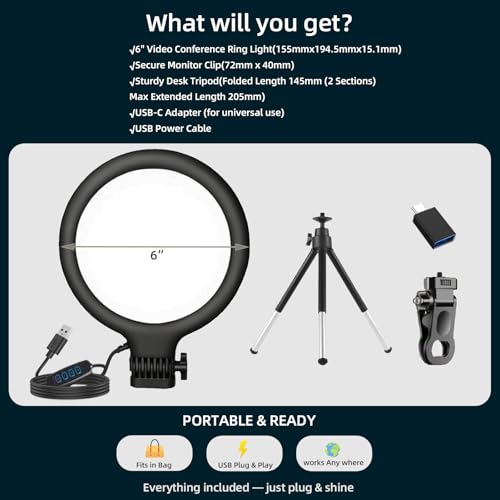 Computer Video Conference Lighting for Zoom: 6in Dimmable 3200K-6500K Ring Light with Monitor Clip & Desk Tripod - Professional Eye-Caring Webcam Light for Home Office Teams Video Calls & Streaming