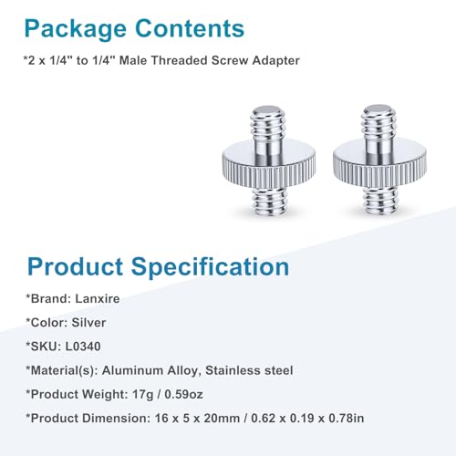 1/4" Male to 1/4" Male Threaded Tripod Screw Adapter, Double Head Stud Mounting Thread Converter for Camera, Monitor, LED Light, Microphone, Shoulder Rig - 2 Packs