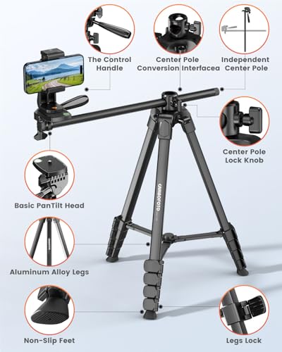 CAMBOFOTO 73"-Phone-Tripod-with-Horizontal-Overhead, Selfie Stick/Tall Travel Stand with Wireless Remote and iPhone Holder, Mirrorless/Compact/GoPro/Camera/Compatible/iPhone/Smartphone