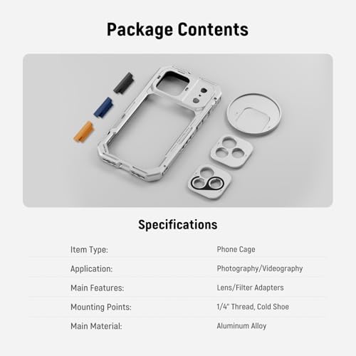 NEEWER Phone Cage Compatible with iPhone 17 Pro Max, Quick Release Video Rig Stabilizer Accessories with 67mm Filter Ring, 17mm Lens Backplate, T Mount Adapter, 4X Camera Control Cap, PA144 (Silver)