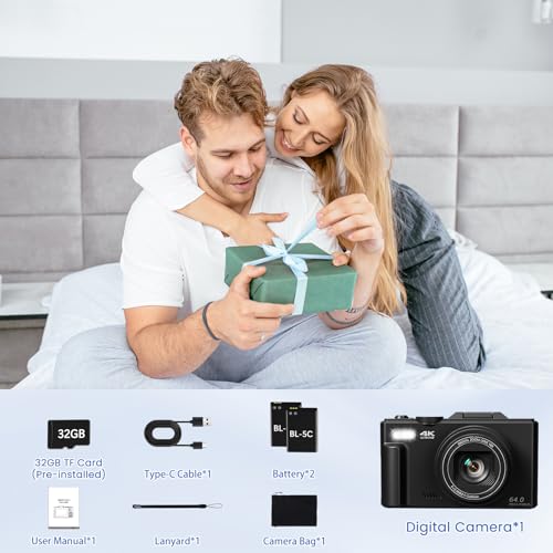 4K Digital Camera for Photography, 64MP HD WiFi Vlogging Camera for YouTube with 3" 180°Flip Screen, 18X Digital Zoom,Autofocus Compact Camera with Flash,32GB TF Card & 2 Batteries(Black) - color: Black