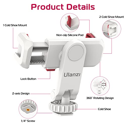 ULANZI Phone Tripod Mount ST-06S White, Universal Smartphone Mount Adapter with 2 Cold Shoe, 360° Rotates and Adjustable Cell Phone Clip Clamp Holder, Compatible with iPhone, Samsung Galaxy and More - color: White
