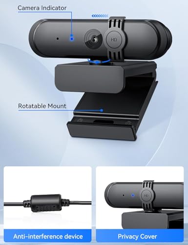 1080P Webcam with Microphone for Video Calling/Meetings/Teaching, HD 30fps Web Camera with Sliding Privacy Cover, USB-A Cable, for Zoom/Skype/Facetime, Laptop/Desktop/PC