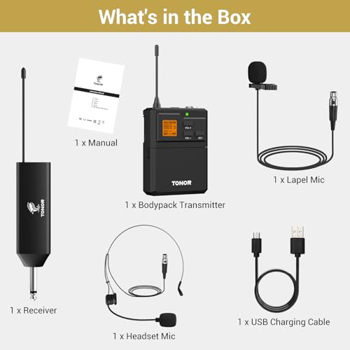 TONOR UHF Wireless Microphone System with Headset Lavalier Lapel Mic, Bodypack Transmitter, Rechargeable Receiver, 15 Channels 60 m/200ft Range 1/4" Output for Recording, 1 Bodypack Mic