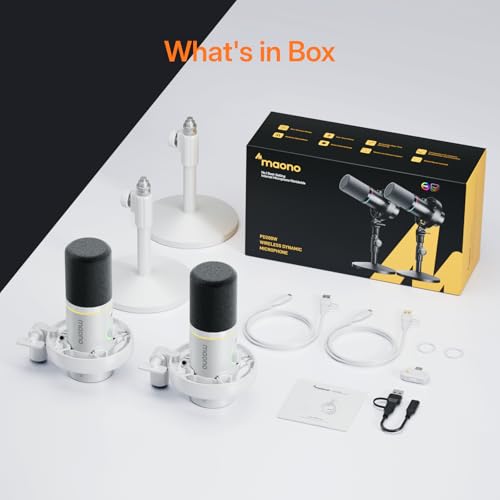 MAONO PD200W Hybrid Wireless Podcast Equipment Bundle for 2, XLR USB Dynamic Microphone Kit with 2 Desktop Stand, Software, Noise Cancellation, for Co-hosted, Podcasting, Content Creation,White - color: White