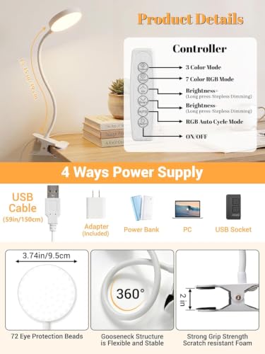 Clip on Lamp,10 RGB Colors+10 Brightness Clamp Light, 500 Lumen Bright Desk Lamp with Clamp, 72 LED Desk Light with USB Adapter, Clip on Reading Light for Bed/Headboard/Bedside Table/Bedroom/Dorm - color: White